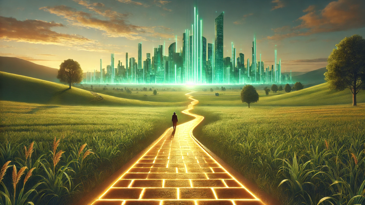 A glowing golden brick pathway winding through green pastoral fields toward a futuristic emerald-green city, symbolizing progress and the journey toward innovation.