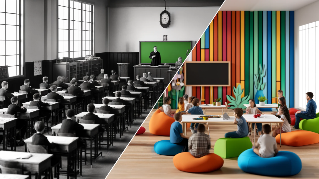 Comparison of a traditional teacher-centered classroom with rows of students in black-and-white and a vibrant, student-centered classroom with collaborative seating and colorful decor.